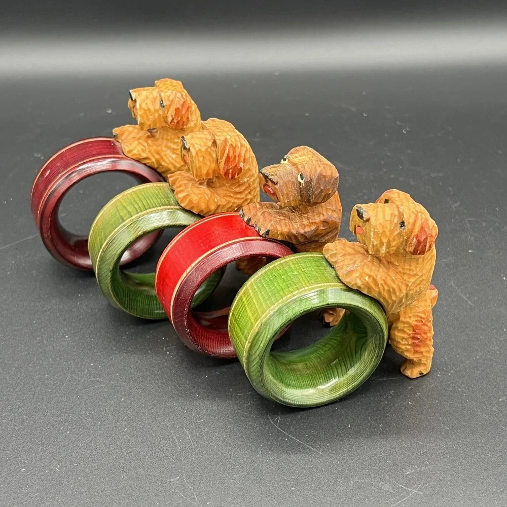 Terrier or Shih Tzu Puppy Dog Napkin Rings Wooden Red & Green Rings Set Of 4